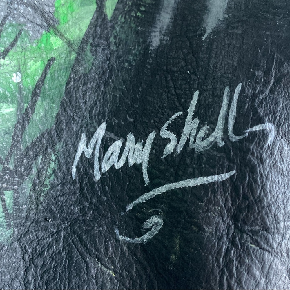 Vintage Black Leather Jacket Coat Artist Signed Mary Shell Fairy Painting Back - Picture 6 of 16